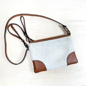 J.Jill  Winter's Day Sherpa Fleece Leather Crossbody Handbag‎ Cream Brown